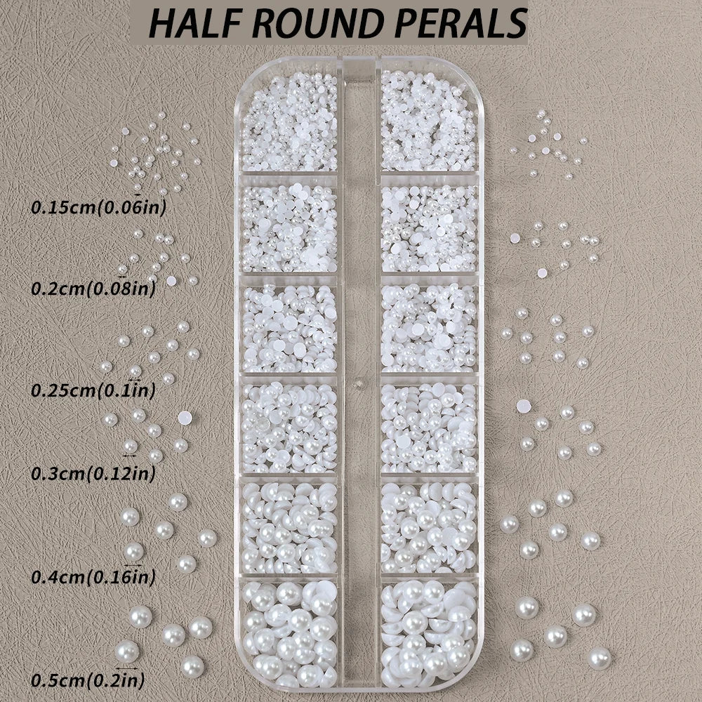 12Grids 3D White Round/Semicircle Pearls Nail Art Charms 0.15-0.5cm Faltback Pearl Caviar Bead Rhinestone DIY Manicure Accessory