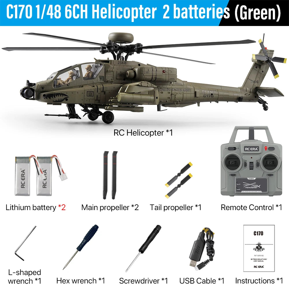 2026 New RC ERA C170 AH-64 Apache 1:48 Auto Stabilized Helicopter