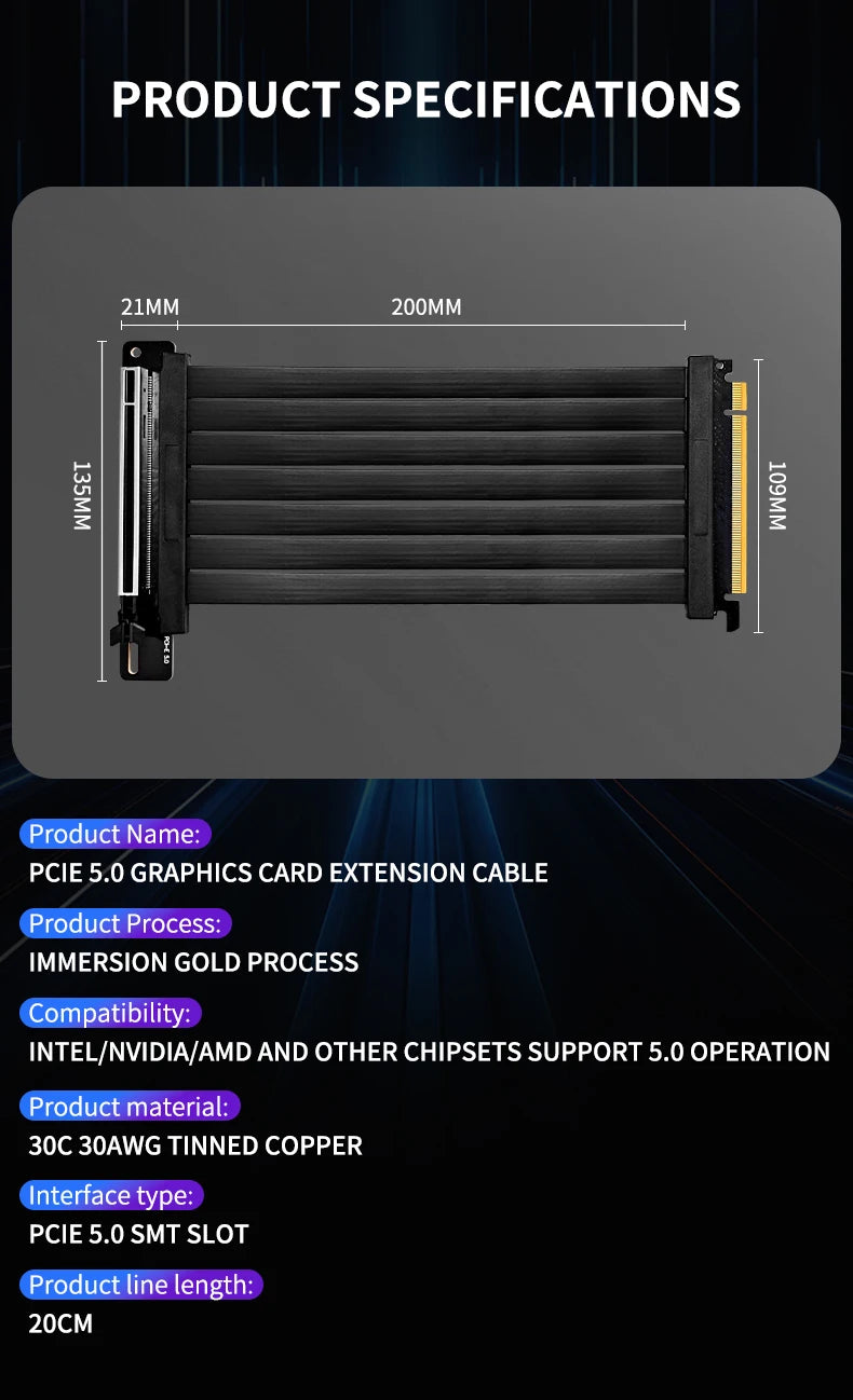 UPSIREN PCI-E 5.0 X16 GPU Extension Cable,Cable length 200mm/Gold-plated process/Suitable for 50 series graphics cards
