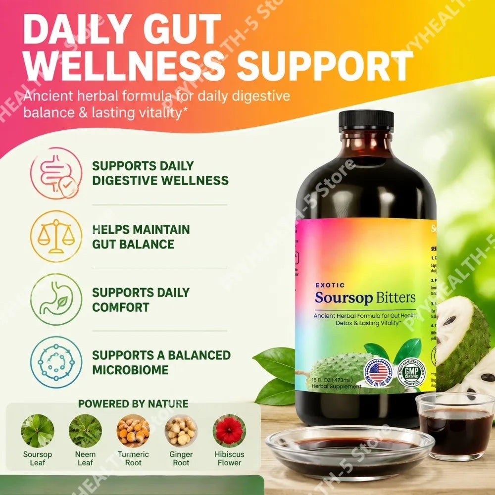 Herbal Soursop Bitters Liquid Supplement,Black Seed Moringa Irish Moss Drops for Gut Digestive Wellness Immune 16 Fl Oz(473ml)