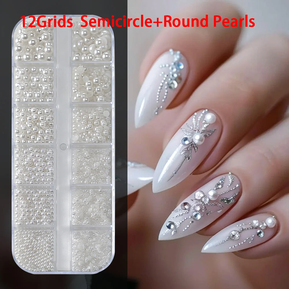 12Grids 3D White Round/Semicircle Pearls Nail Art Charms 0.15-0.5cm Faltback Pearl Caviar Bead Rhinestone DIY Manicure Accessory