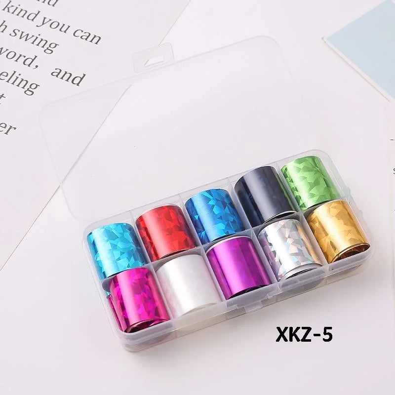 10 Rolls/ Box Charm Nail Foils Polish Stickers Metal Color Starry Paper Transfer Foil Wraps Adhesive Decals Nail Art Decorations