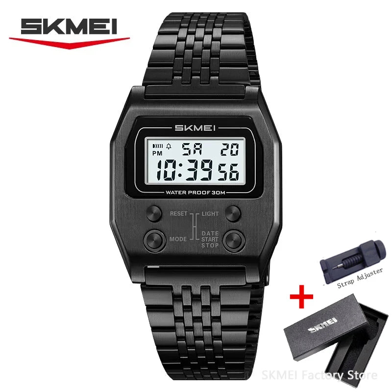 SKMEI 2460 Electronic Waterproof Digital Mens Wristwatches Stainless Steel Sport Luxury Retro LED Watch for Men Reloj Hombre