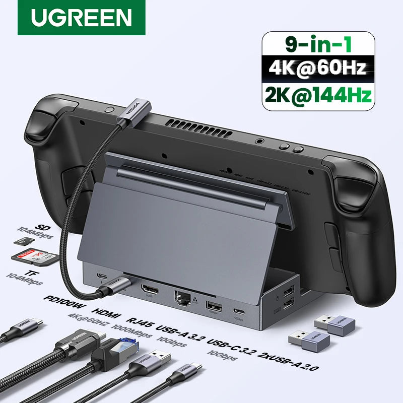 UGREEN Steam Deck Dock 6/9Ports USB C Gaming HUB Foldable Stand 4K HDMI/DisplayPort RJ45 100W 5/10Gbps USB A&C for Rog Legion Go