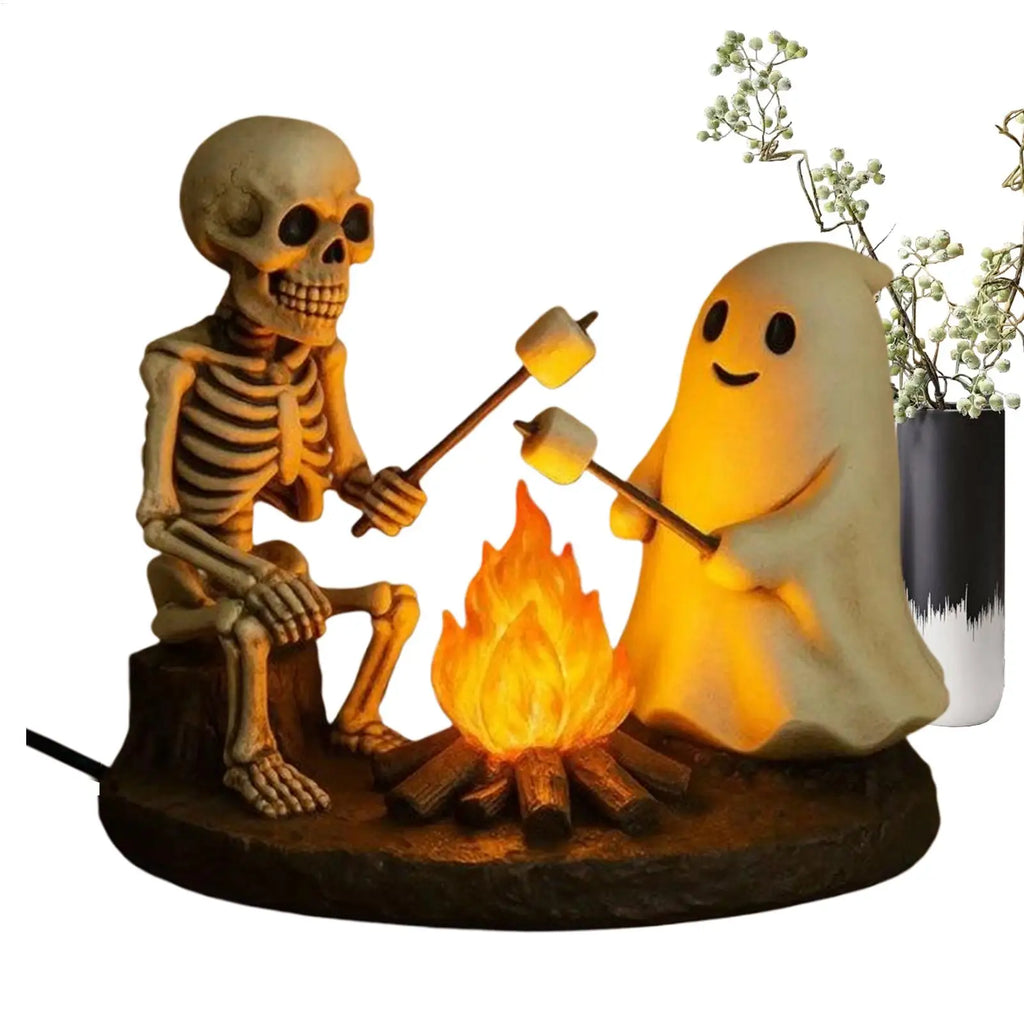 Halloween Skeleton & Ghost Bonfire Night Lamp, Flickering Campfire Nightlight, Spooky Indoor Tabletop Home Decoration Ornament