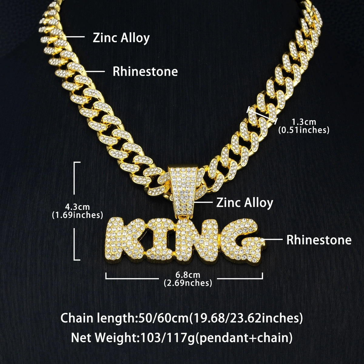 Men Hip Hop Bling KING Letter Pendant Necklace With Miami Cuban Link Chain Full Crystal  Necklaces Men Male Hiphop Charm Jewelry