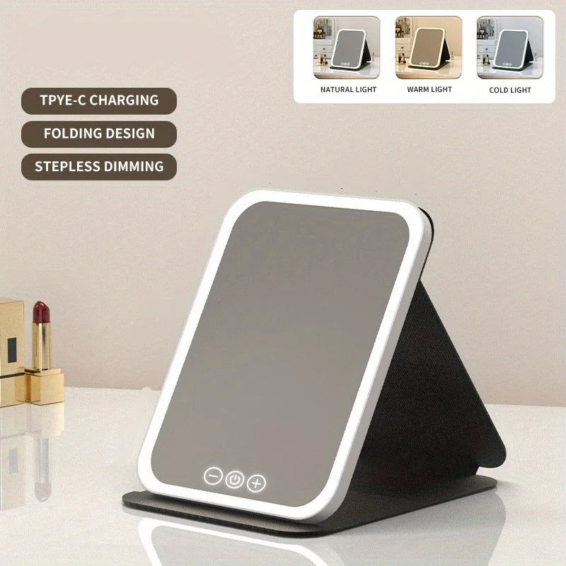 LED Makeup Mirror 3 Colors Lighting Dimmable with Touch Screen Fold Cosmetic Makeup Mirror Rechargeable Tabletop for Travel Home