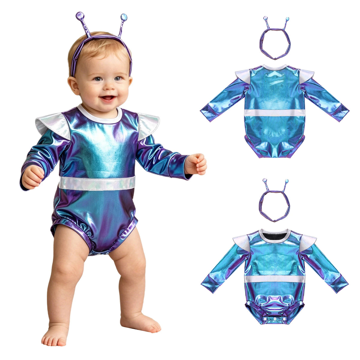 Little Boys Girls Halloween Theme Party Metallic Shiny Alien Rompers Space Robot Astronaut Dress Up Jumpsuit Photography Costume