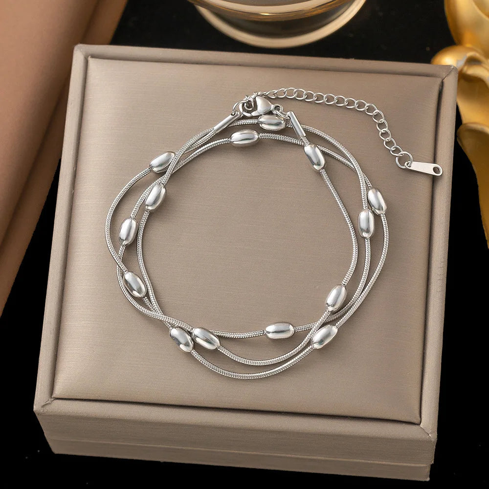 Personalized Design Gold Color Stainless Steel Multiple Layers Round Bead Bracelet for Women Charm Necklace Jewelry Set Gift