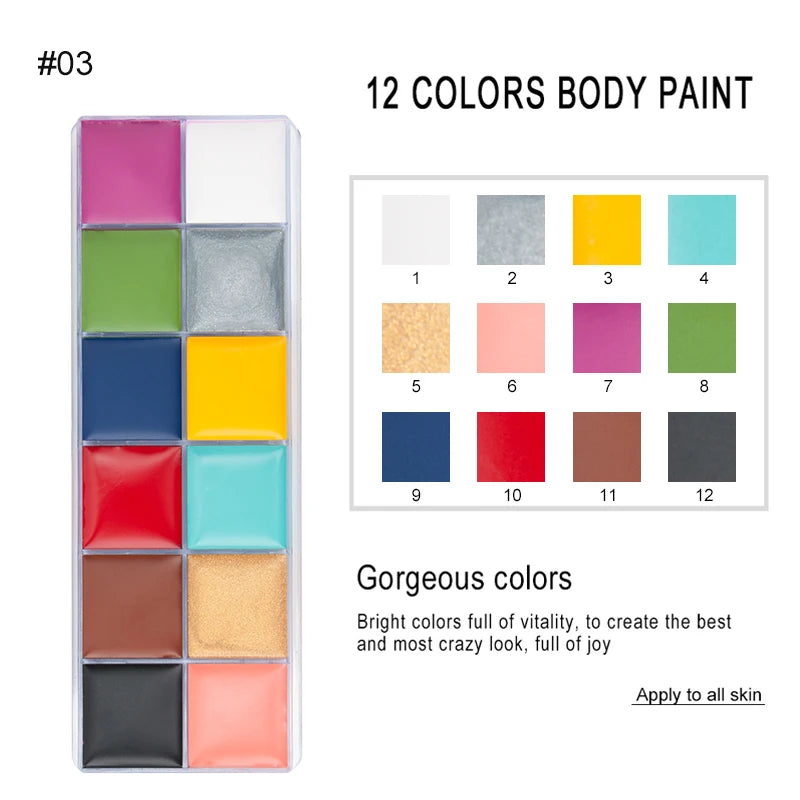 Face Body Oil Paint Palette 12 Colors Stage Special Effects Halloween Mardi Gras Makeup Body Art fancy Dress Tattoo painting