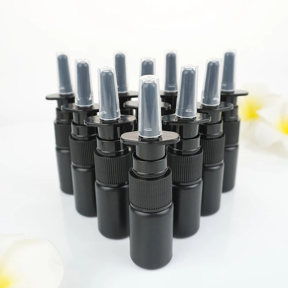 100/200pcs 10ml HDPE Black Empty Nasal Spray Bottle Pump Sprayer Mist Nose Spray Bottle Portable Refillable Bottling Packaging