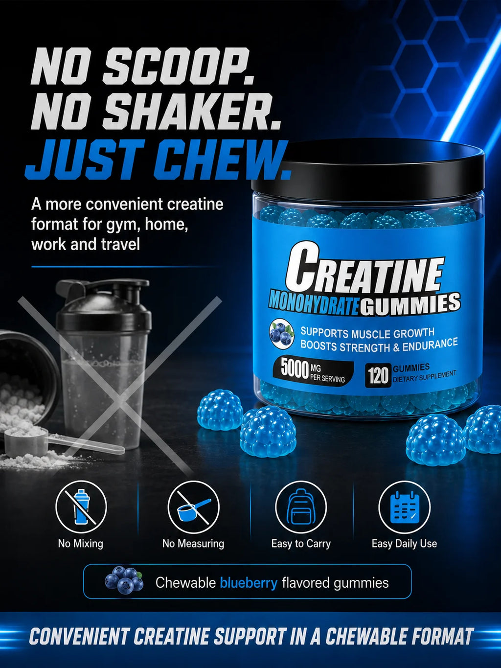 Creatine Monohydrate Gummies 5000mg Per Serving, 120 Gummies for Muscle Strength, Endurance & Energy, Dietary Supplement