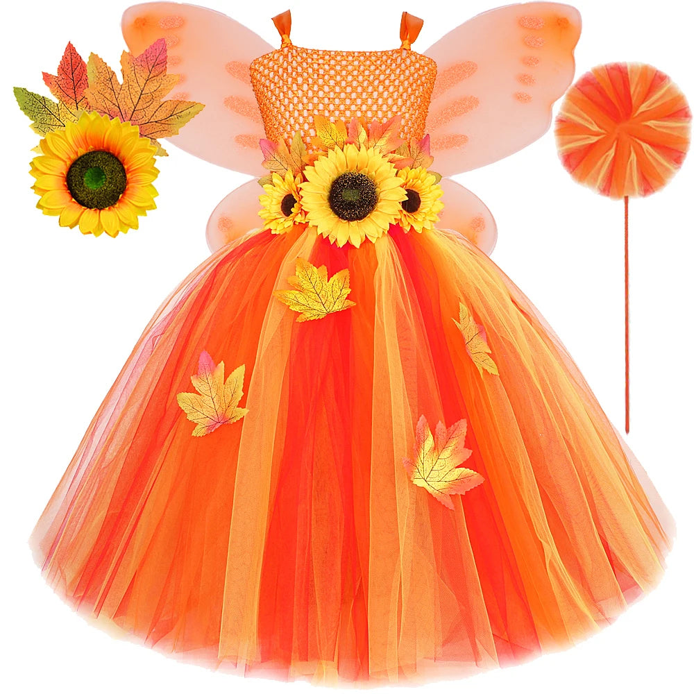 Maple Leaf Sunflower Fairy Costumes Girls Fall Autumn Long Tutu Dress for Kids Thanksgiving Halloween Fancy Outfit with Wings