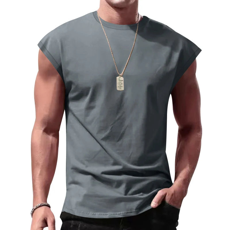 Men's Loose Short Sleeve T-Shirt Round Neck Sleeveless Casual Breathable Summer Sports Basic Vest