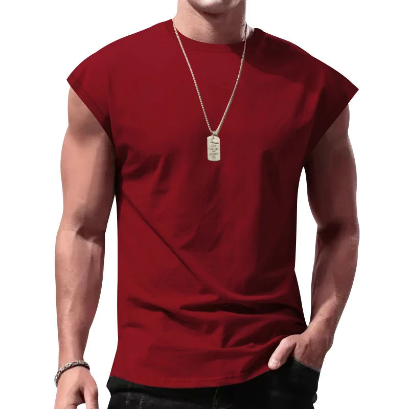 Men's Loose Short Sleeve T-Shirt Round Neck Sleeveless Casual Breathable Summer Sports Basic Vest