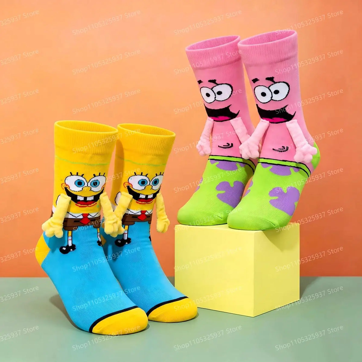 Cartoon 3D Socks Cute Handle Interaction Yellow Sponge Pink Starfish Anime Peripheral Soft High Elasticity Tube Socks Daily Wear