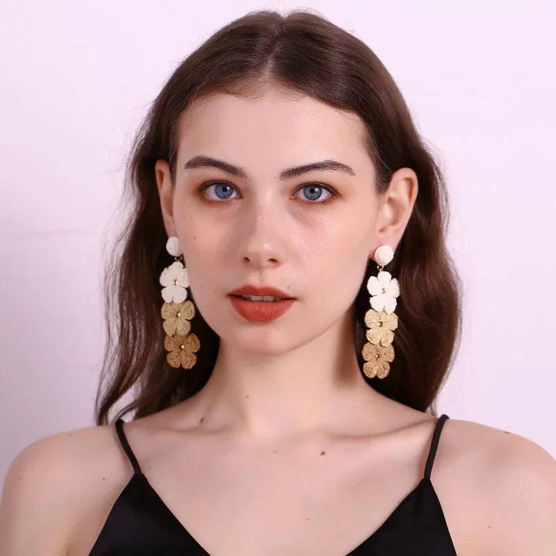 Raffia Flower Earrings for Women Mom, Raffia Straw Wrapped Flower Drop Dangle Earrings Summer Tropical Beach Jewelry Gifts
