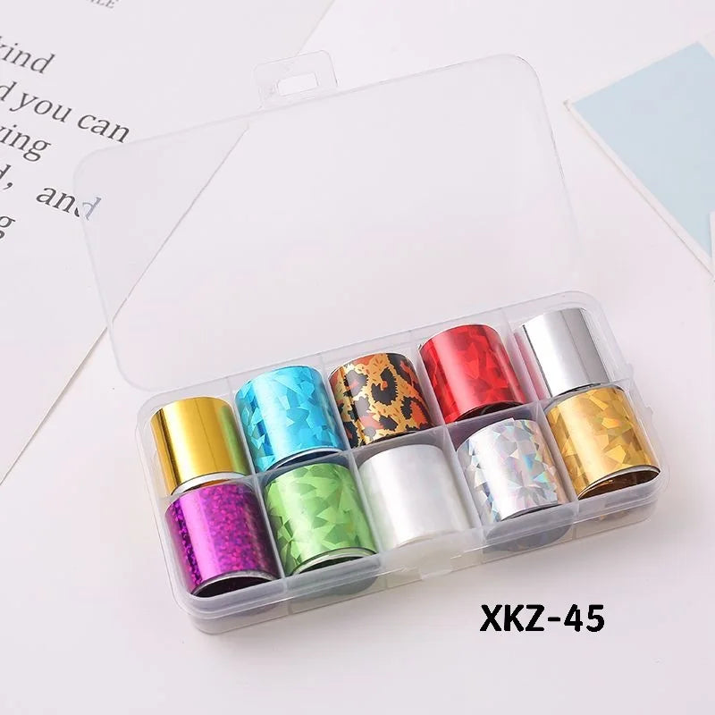10 Rolls/ Box Charm Nail Foils Polish Stickers Metal Color Starry Paper Transfer Foil Wraps Adhesive Decals Nail Art Decorations