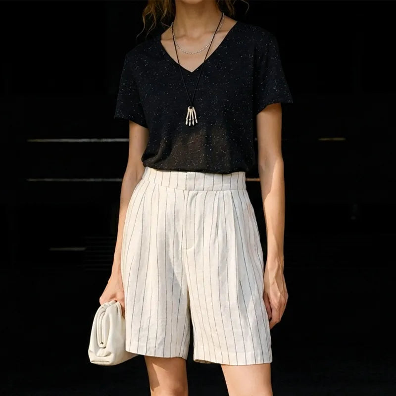 100% Linen Retro Striped Shorts For Women Summer New Loose High Waisted Straight Leg Pants Commuting Casual Girl Shorts