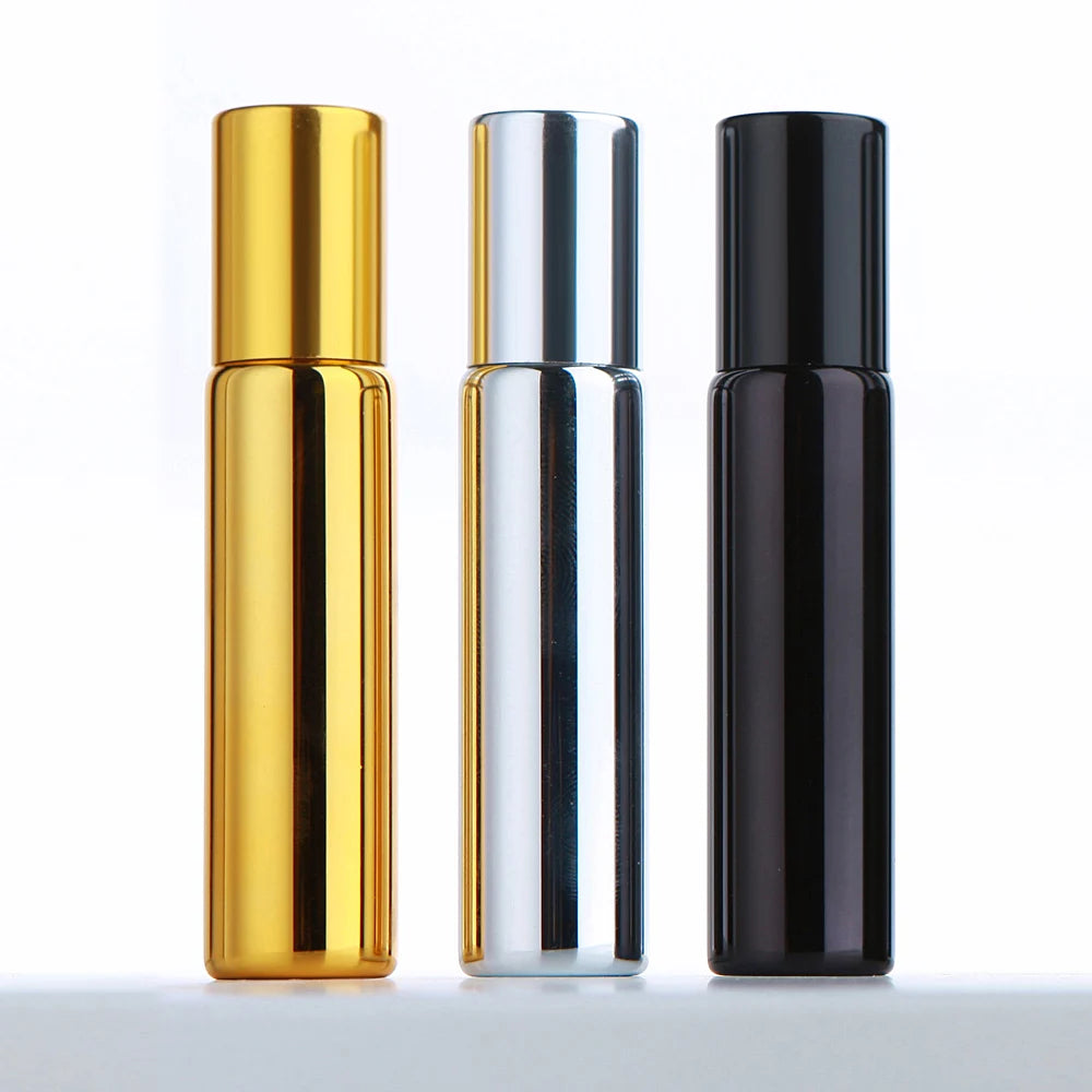 50 Pcs/Lot 10ml Electroplated Roll On Perfume Bottle Refillable Essential Oil Bottles With Box Roller Glass Vials LOGO Pay Extra