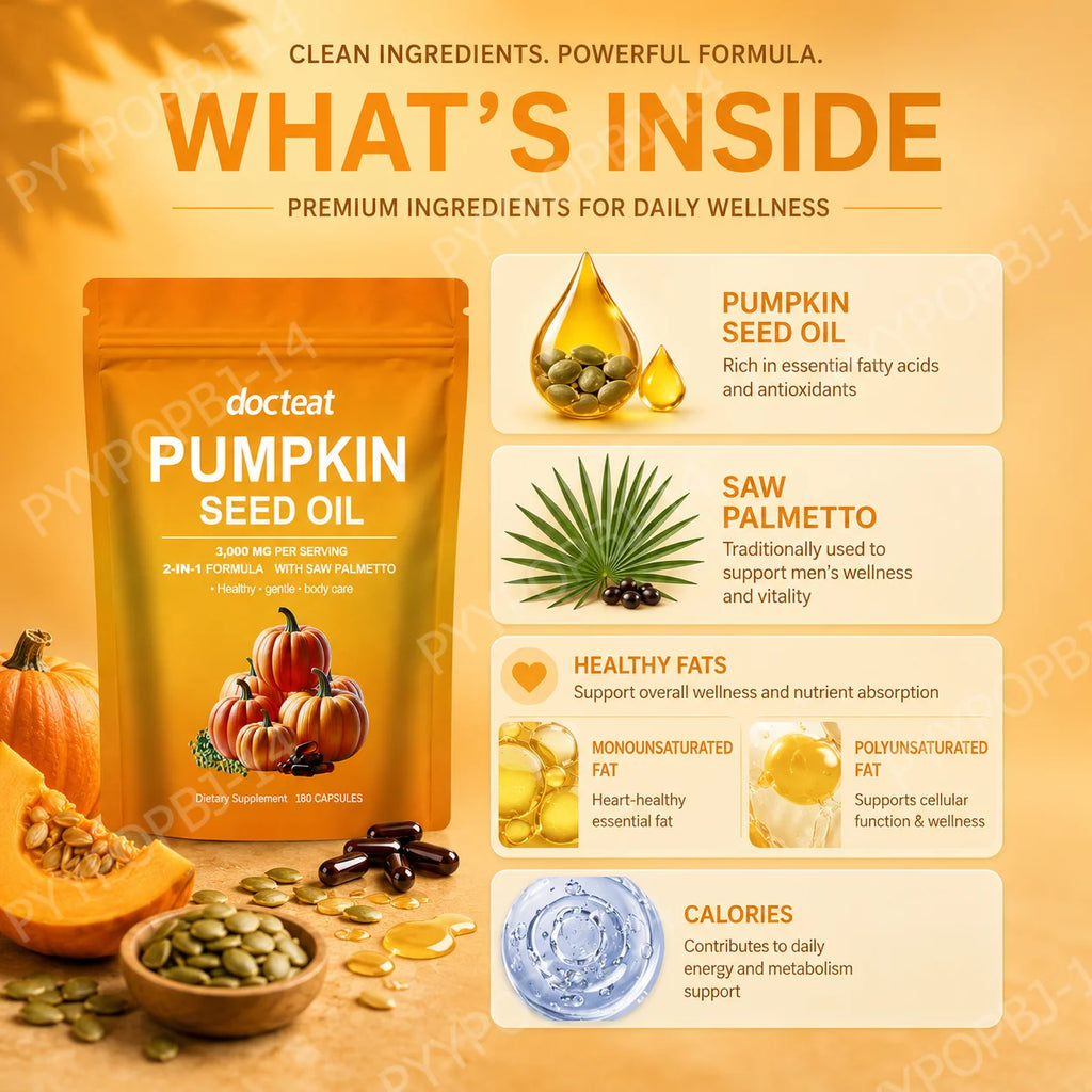 Docteat Pumpkin Seed Oil with Saw Palmetto Capsules 2-in-1 Formula for Prostate and Bladder Function Support, 180 Capsules