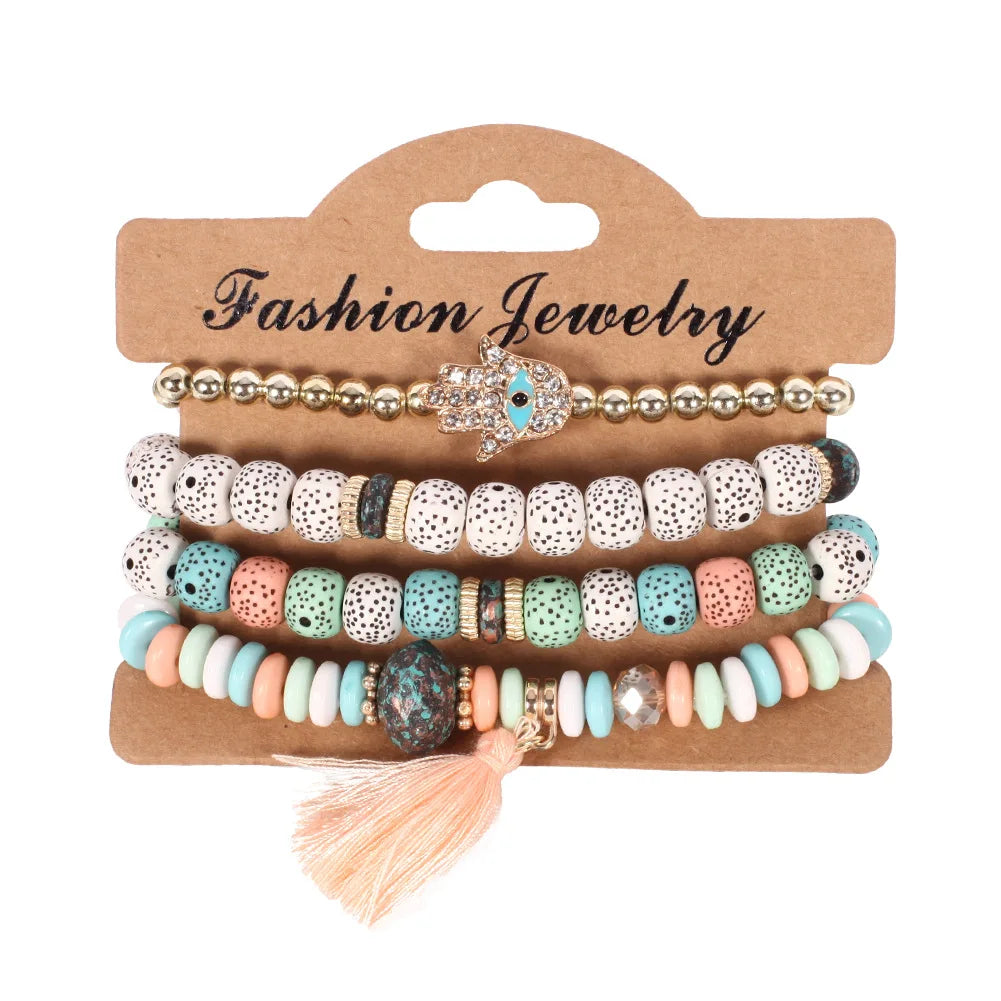 4Pcs/set Bohemia Wood Beads Chain Bracelet Set For Women Tree Of Life Charm Rose Flower Handmade Bangle Girls Boho Jewelry