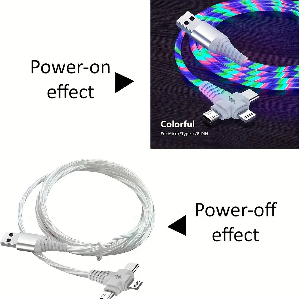 3 in 1 Flowing Glowing Light  Fast Charging Cable Micro  Type C for Iphone 14 13 12 11 Pro  Charging for  Data Line Charge Cord