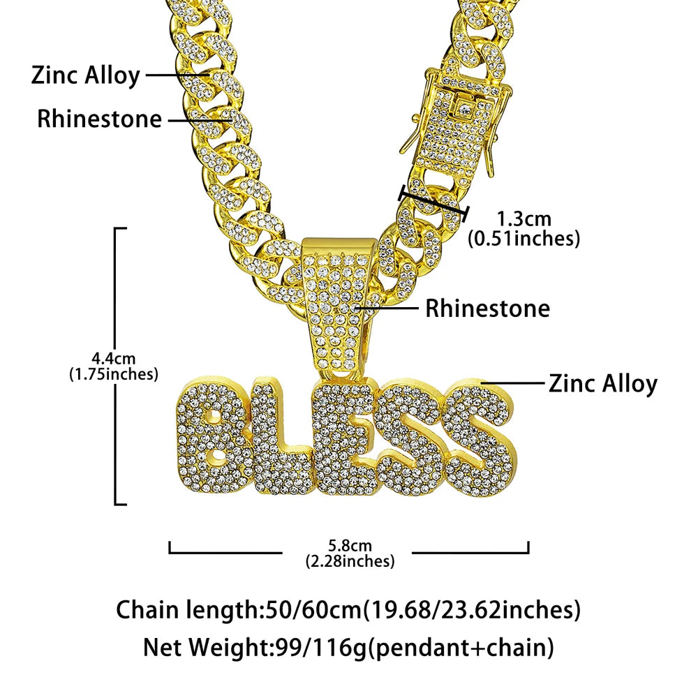 Hip Hop Letter BLESS Pendant Necklace for Women Men Shiny Rhinestones 13MM Cuban Chain Crystal Necklaces Fashion Jewelry Gifts
