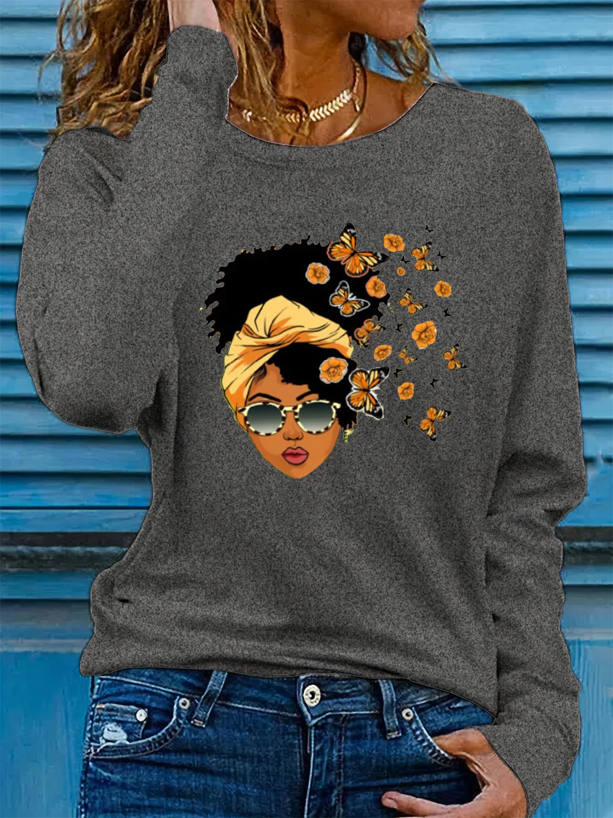 100% pure cotton women's spring and autumn casual fashion long sleeved butterfly and portrait graphic printed round neck T-shirt