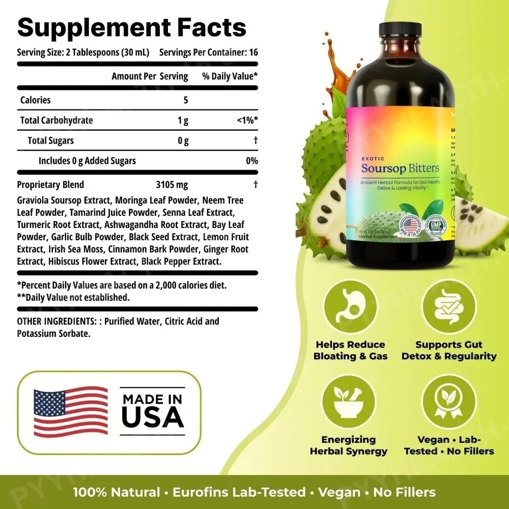 Soursop Bitters Liquid Supplement,Black Seed Moringa Irish Moss Drops for Gut Digestive Wellness Immune Support 473ml Bottle