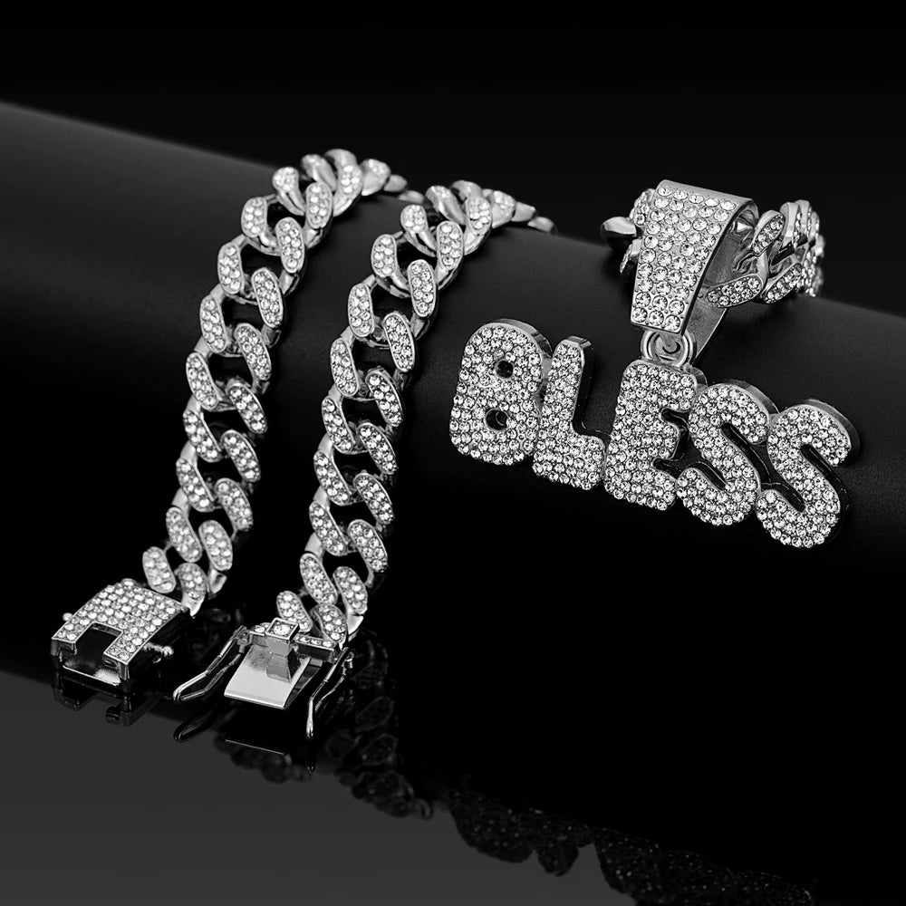 Hip Hop Letter BLESS Pendant Necklace for Women Men Shiny Rhinestones 13MM Cuban Chain Crystal Necklaces Fashion Jewelry Gifts