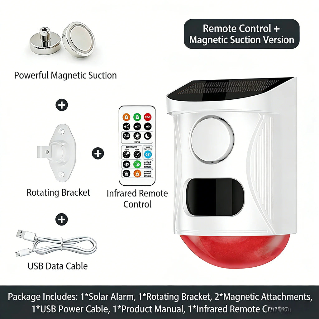 Solar Strobe Alarm Light with Motion Sensor Siren Outdoor Alarm Siren with Remote Controller 120db Sound Security Siren Light