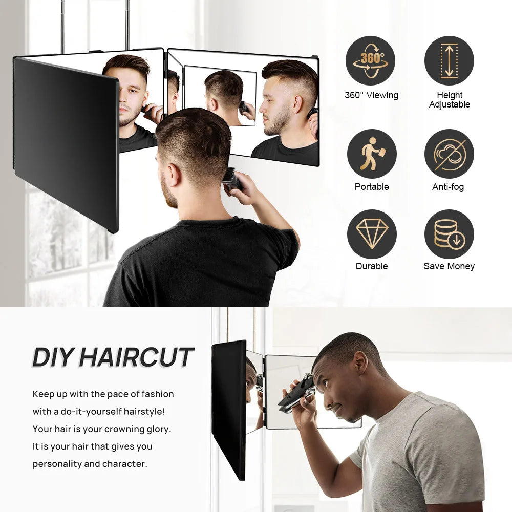 Black Portable 360 Mirror with Height Adjustable Telescoping Hooks Ideal for Self Hair Cutting Makeup Essential Fordable