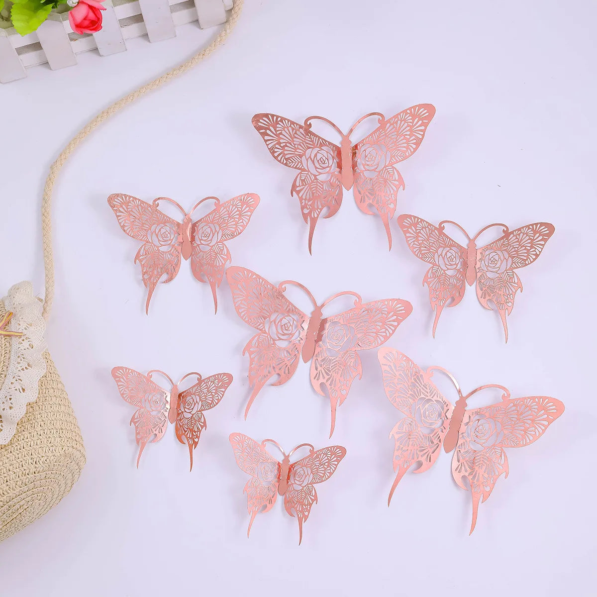 12 pcs Butterfly Cake Toppers Rose Gold for Birthday, Wedding, Engagement Occasions Dessert Decoration Cupcake Toppers DIY Gift