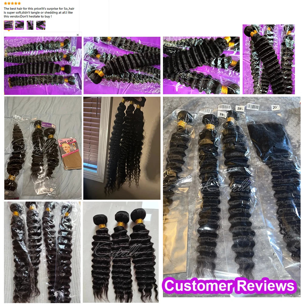 Deep Wave Human Hair Bundles with Closure 24 26 28 inch Deep Curly Bundles Natural Human Hair Brazilian Raw Hair Extensions