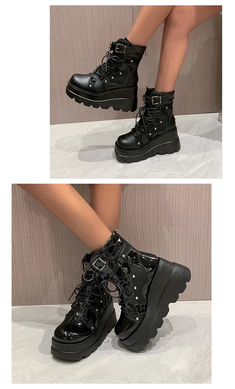 2025 New Design Women Punk Gothic Motorcycle Boots Platform Chunky High Heel Ankle Boot Ladies Cool Wedge Black Female Shoes