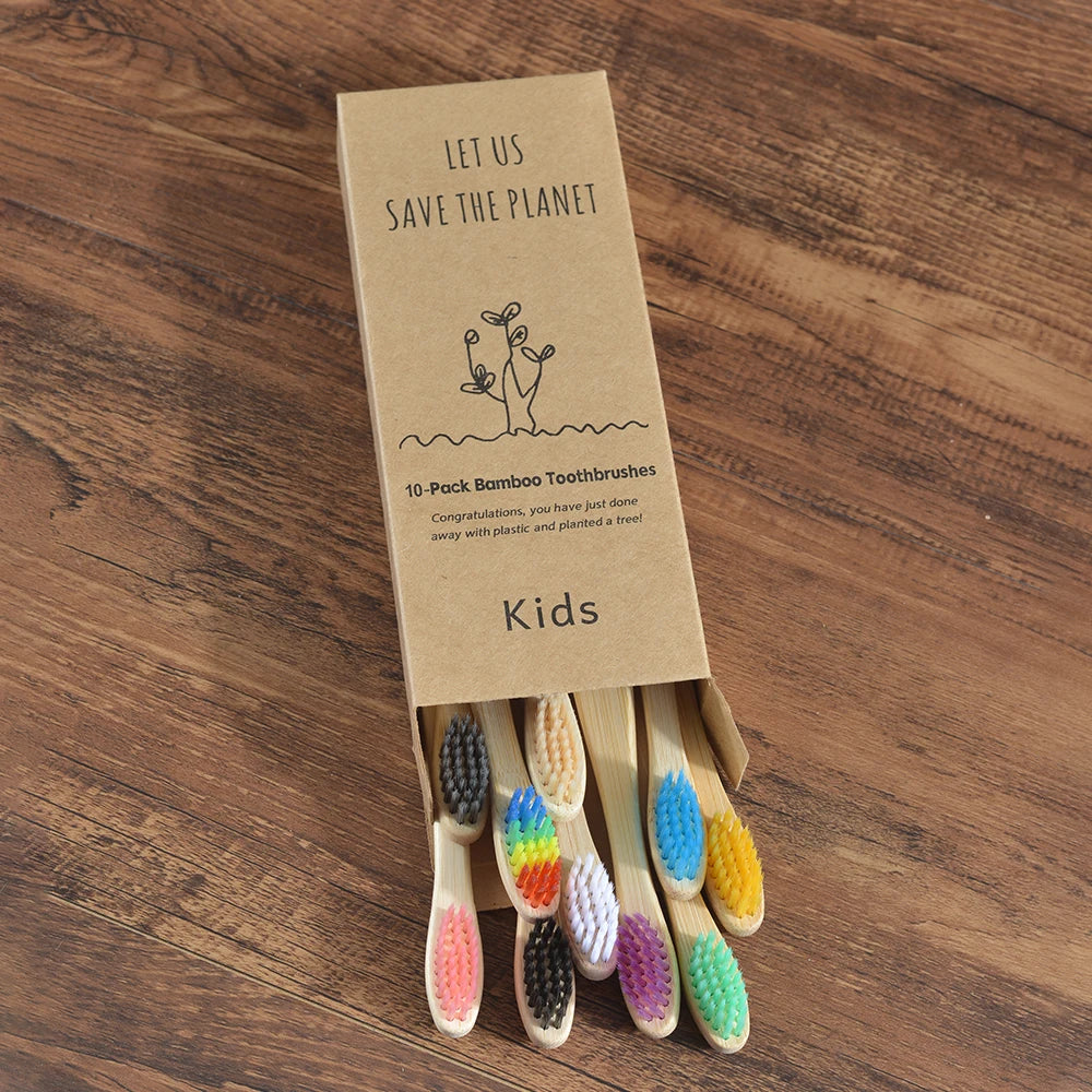 10 Pieces Children Colorful Toothbrush Eco Soft Bristle Bamboo Toothbrush Kids Bambou Vegan Tooth Dental Oral Care Plastic Free