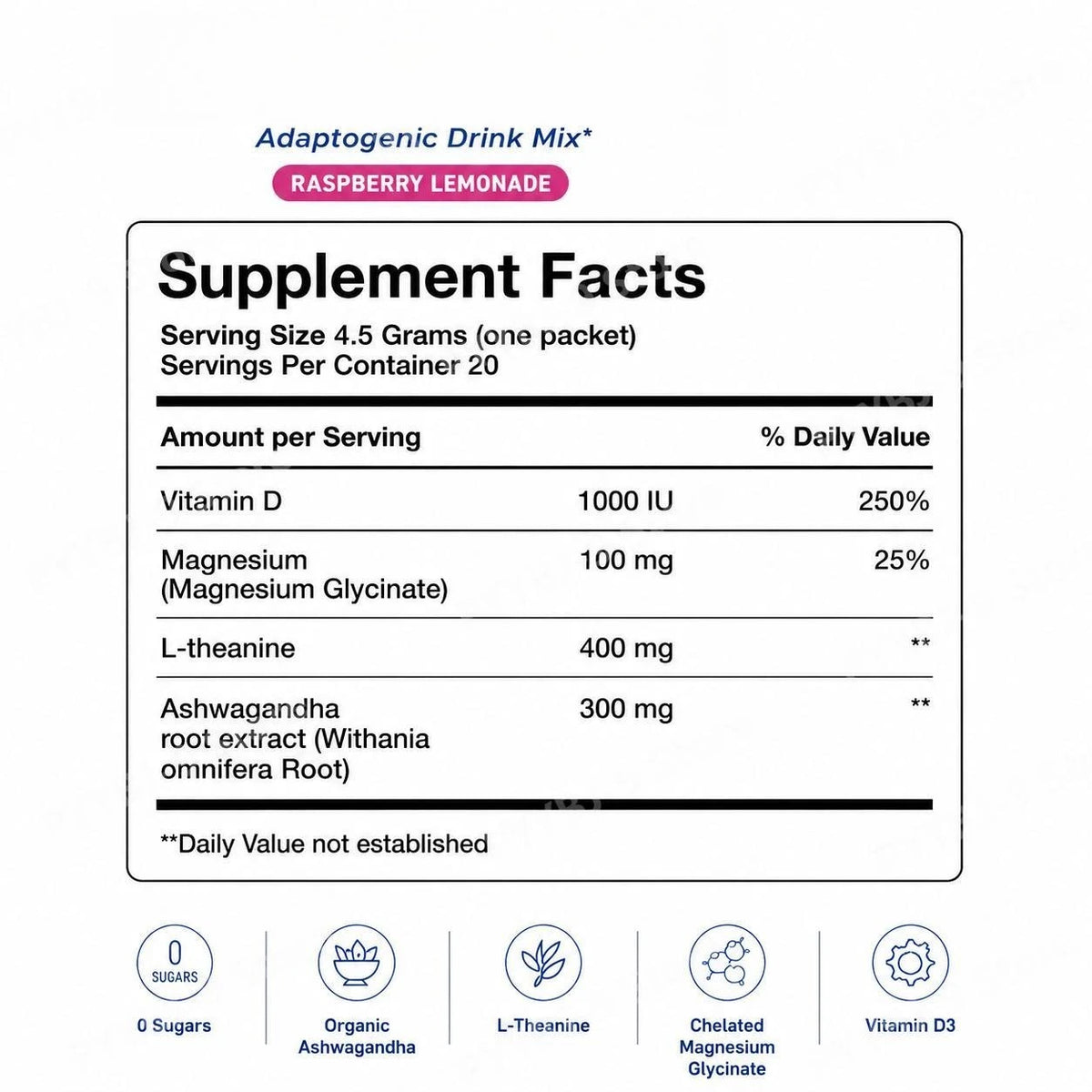 Calming Powder Drink Mix with L-Theanine, Focus Memory Concentration & Cognitive Support, Healthy Cortisol Balance, 20 Packets