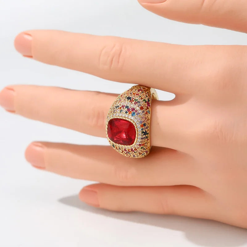 Vintage Gold Plated Ring, Colorful Synthetic Zircon Inlay Design, Sparkling Party Banquet Women's Ring, Elegant Jewelry