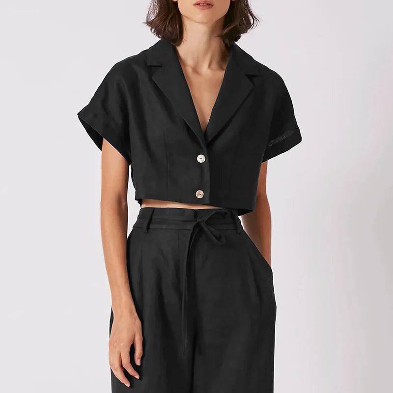 100% Linen Women's Shirt Vintage Notched Collar Short Sleeve Button Up Shirts Elegant Fashion Woman Blouses 2026 Blusas Feminina