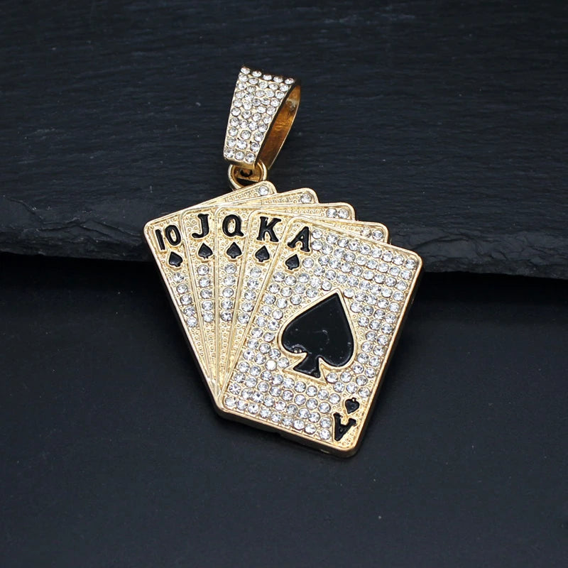 Men Women Hip Hop Playing Card Poker Pendant Necklace Crystal Cuban Chain HipHop Iced Out Bling Necklaces Fashion Charm Jewelry