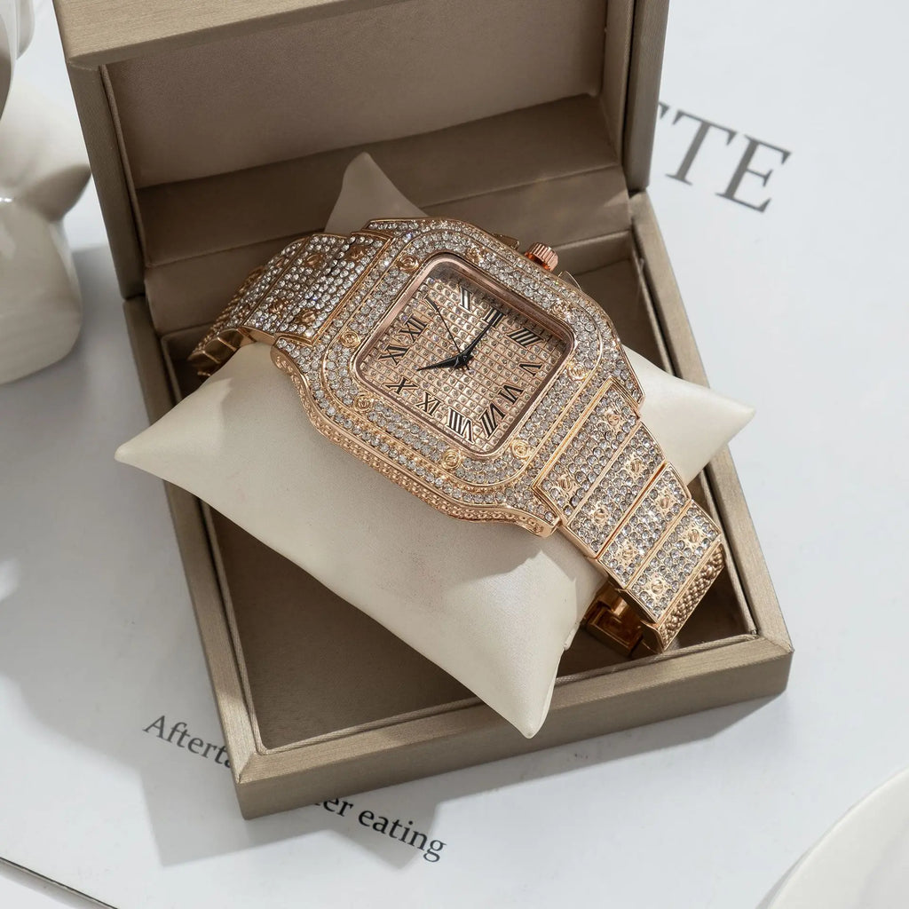 Men's Business Square Starry Sky Steel Belt Diamond-Inlaid European American Roman Fashion Quartz Wristwatch Gift