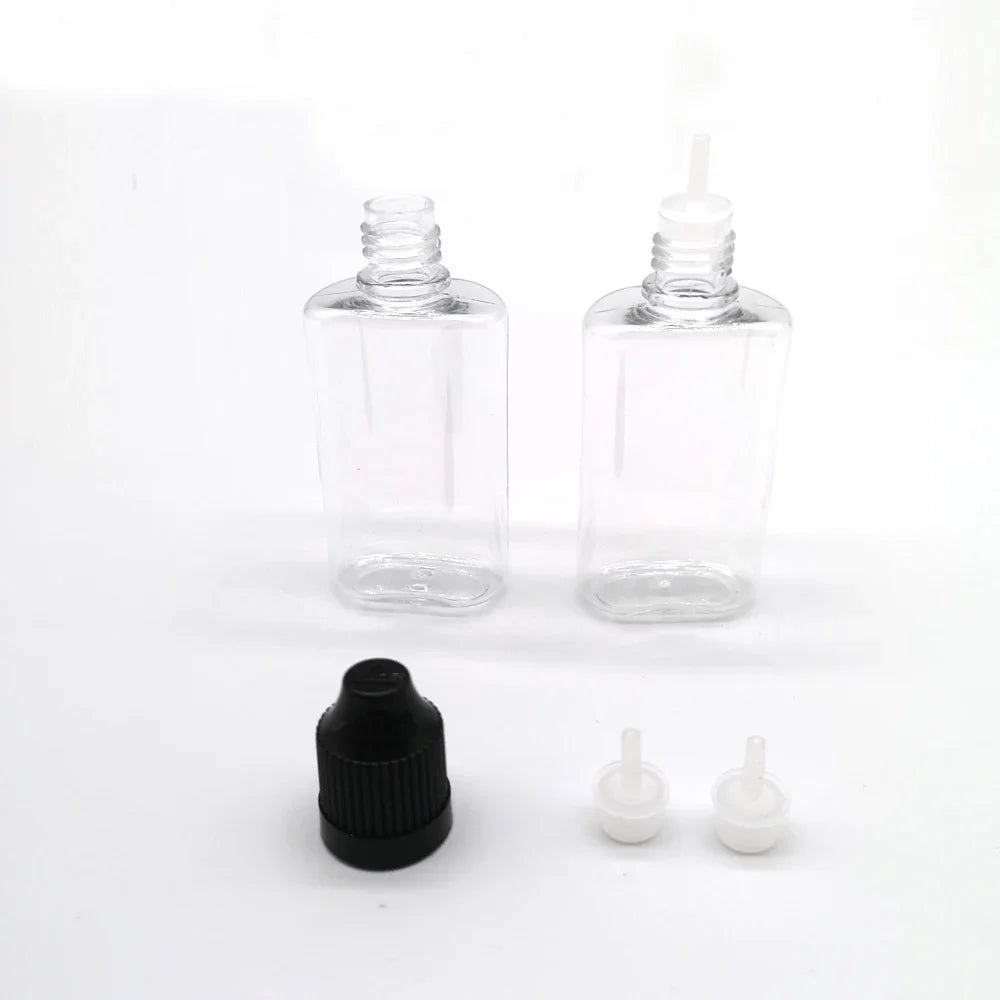 100pcs 30ml Clear/Black PET Plastic Square Flat Dropper Bottles Long Tip Cap Empty Liquid Dropper Squeezable Refillable Bottles