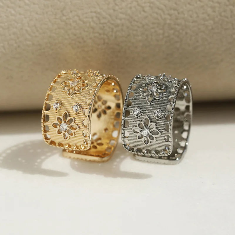 925 Sterling Silver Flower Geometry Ring For Women Girl Hollow Out Zircon Grace Wide Jewelry Gift Dropshipping