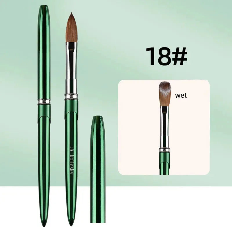 100% Kolinsky Acrylic Nail Brush 1Pcs Green Crimped Metal Handle Drawing Brush for Acrylic Powder Size 2-18