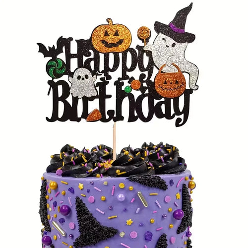 1/3 Halloween Cake Decoration - Spooky Birthday Party Decoration with "Happy Birthday" Text, Glittering Pumpkin, Bat - Wooden Ca