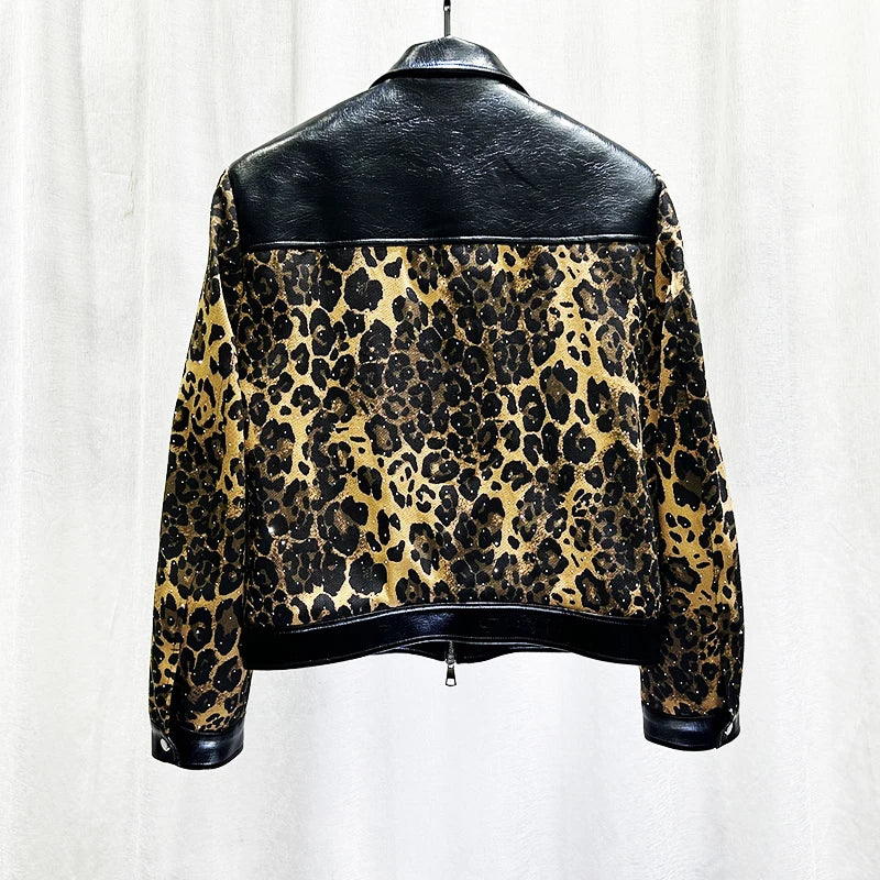PFHQ Fashion Men's Jacket American Style Leopard Print Patchwork Rivet Design Spliced Leather Lapel Short Zipper Coats 21P1523