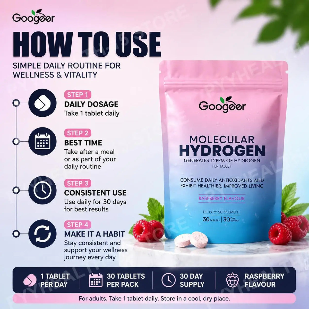 Molecular Hydrogen Water Tablets 12 PPM with Magnesium, Raspberry Flavor, Daily Wellness and Antioxidant Support, 30 Tablets