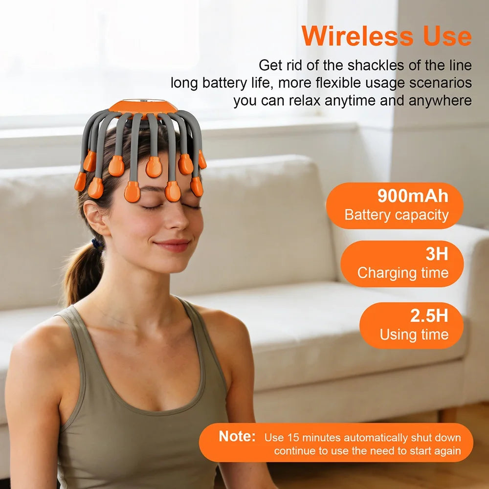 Electric Head Massager 24 Heads Octopus Massager 5 Modes Scalp Massager 360° Free Rotation Lightweight Wireless Use