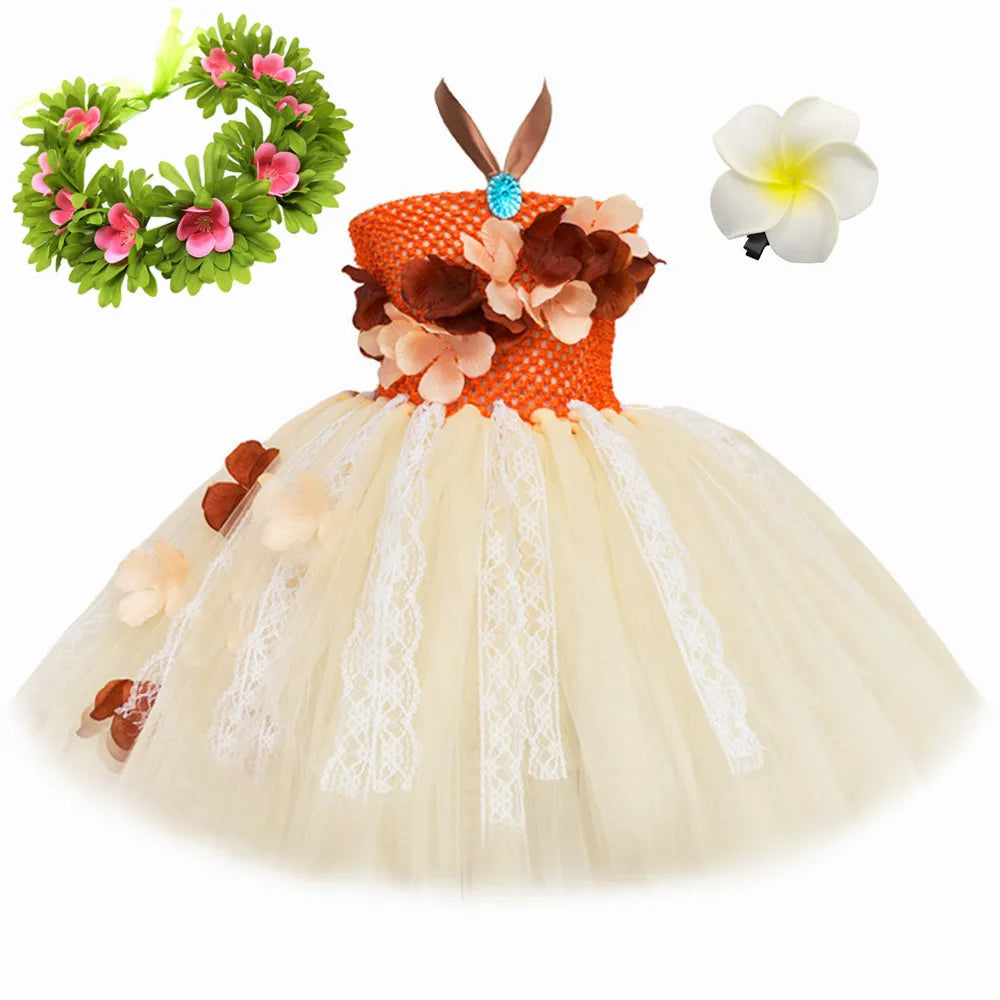 HJTT Princess Dress Costume for Girls Flowers Tutu Dress Kids Hawaiian Tribal Beach Themed Halloween Birthday Party Tulle Dress